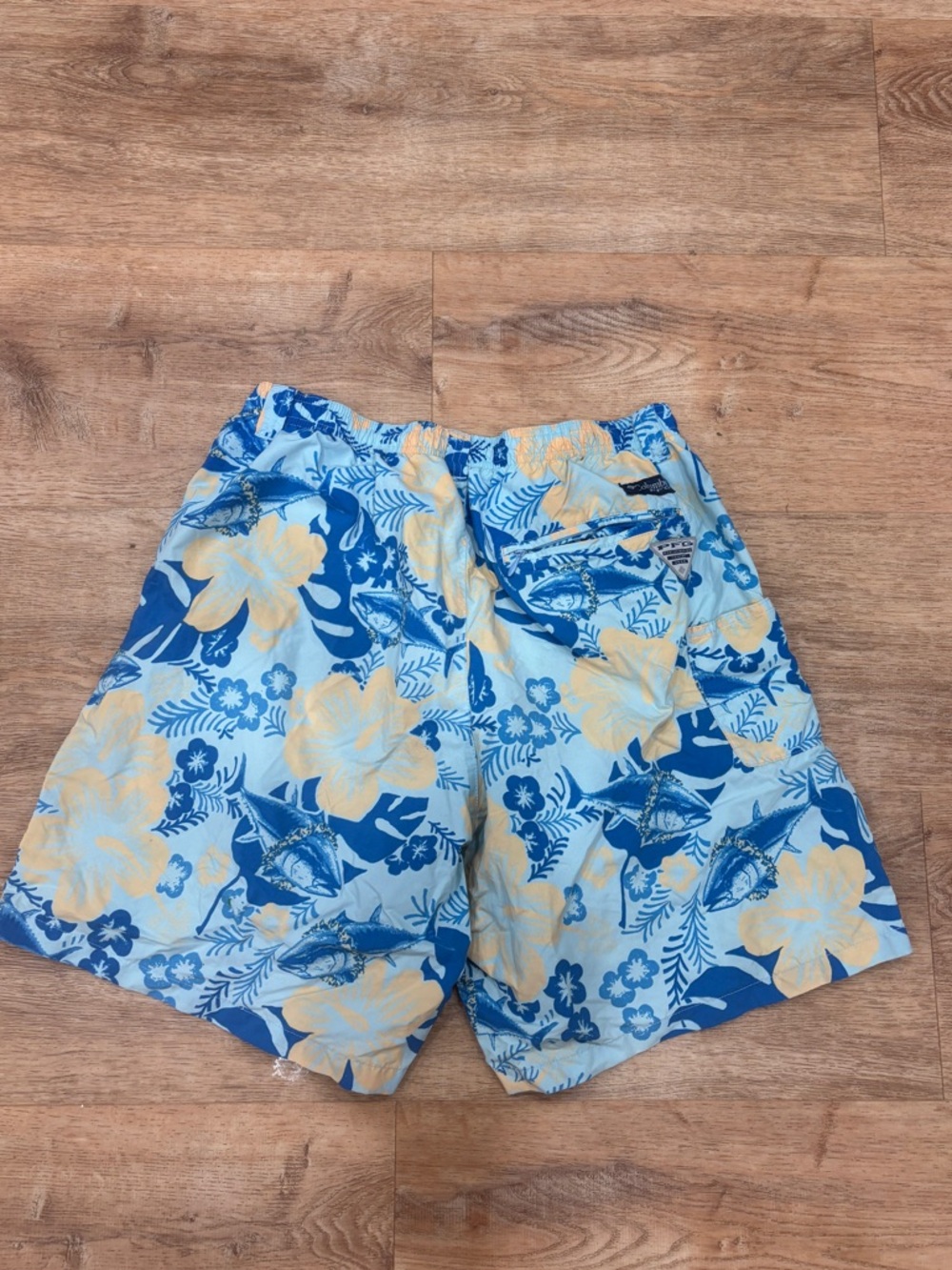 Columbia Blue and Yellow Floral Fish Print Swim Trunks